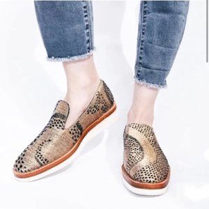 Free People Snake Eye Gold Metallic Blue Brocade Loafers Size 38